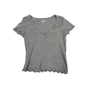 Hollister Gray Ribbed Henley Top Lettuce Edge Short Sleeve Must-Have Collection